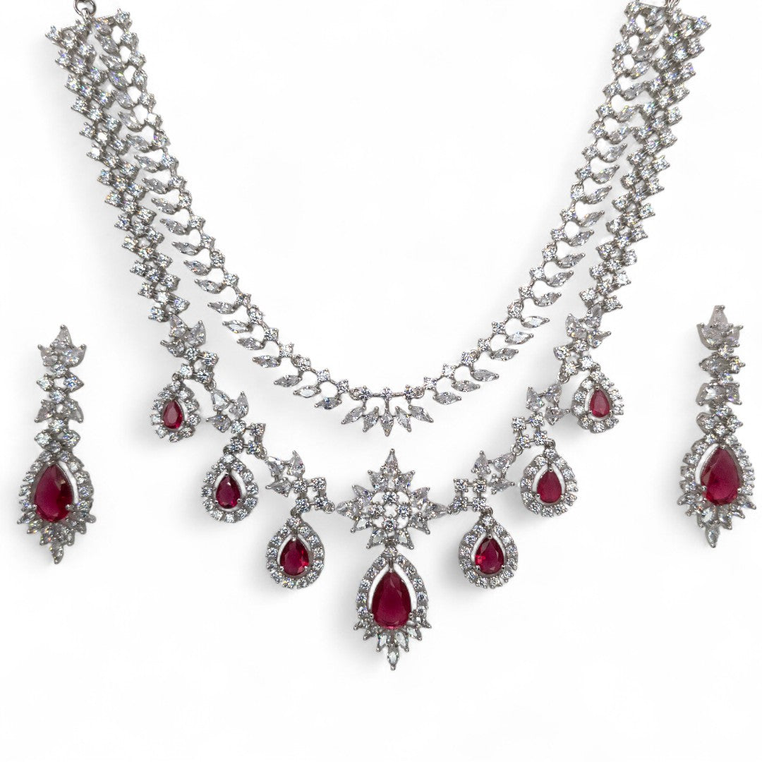Victorian Layered Halskette mit passenden Ohrringen - silber | magenta