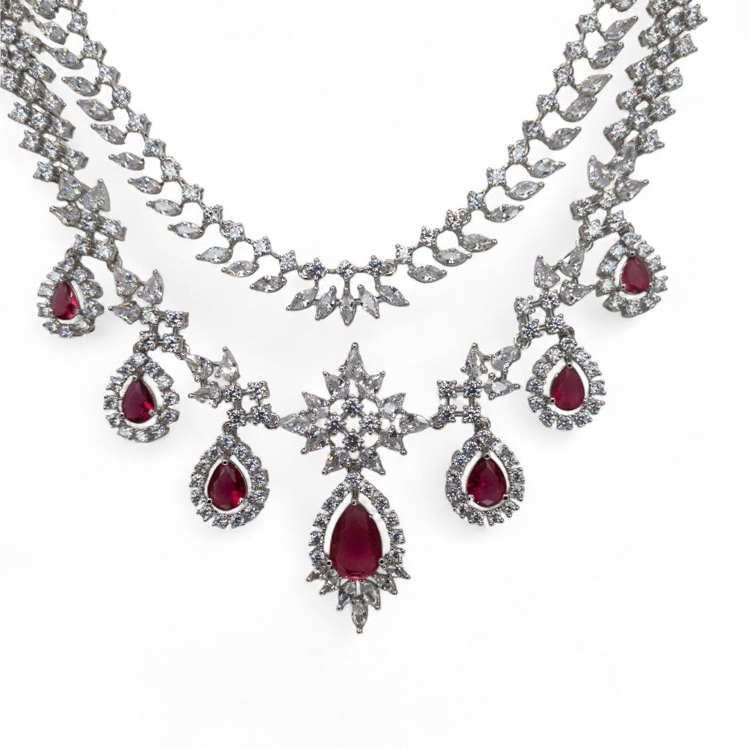 Victorian Layered Halskette mit passenden Ohrringen - silber | magenta