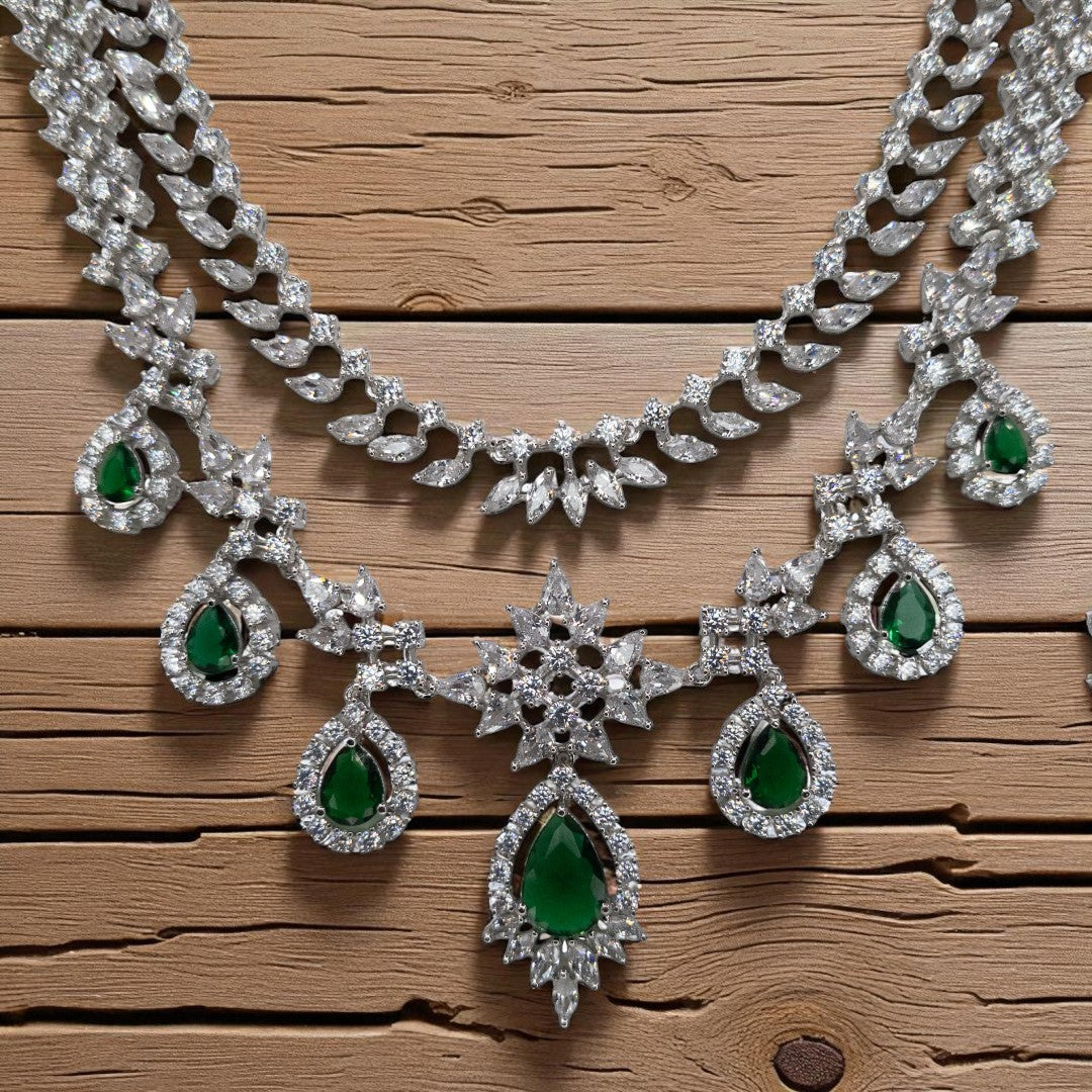 Victorian Layered Halskette mit passenden Ohrringen - silber | grün