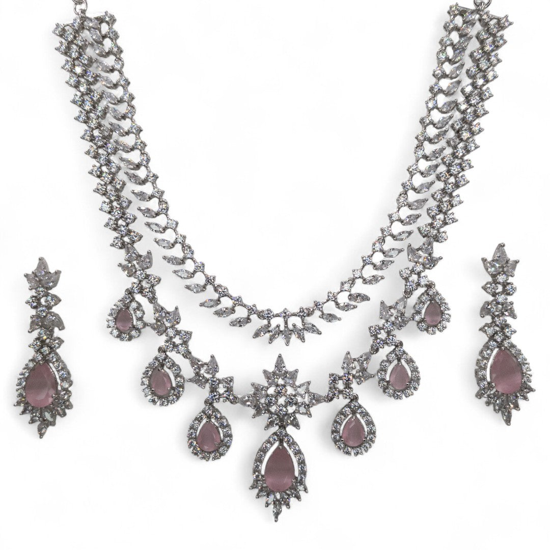 Victorian Layered Halskette mit passenden Ohrringen - silber | Rosa