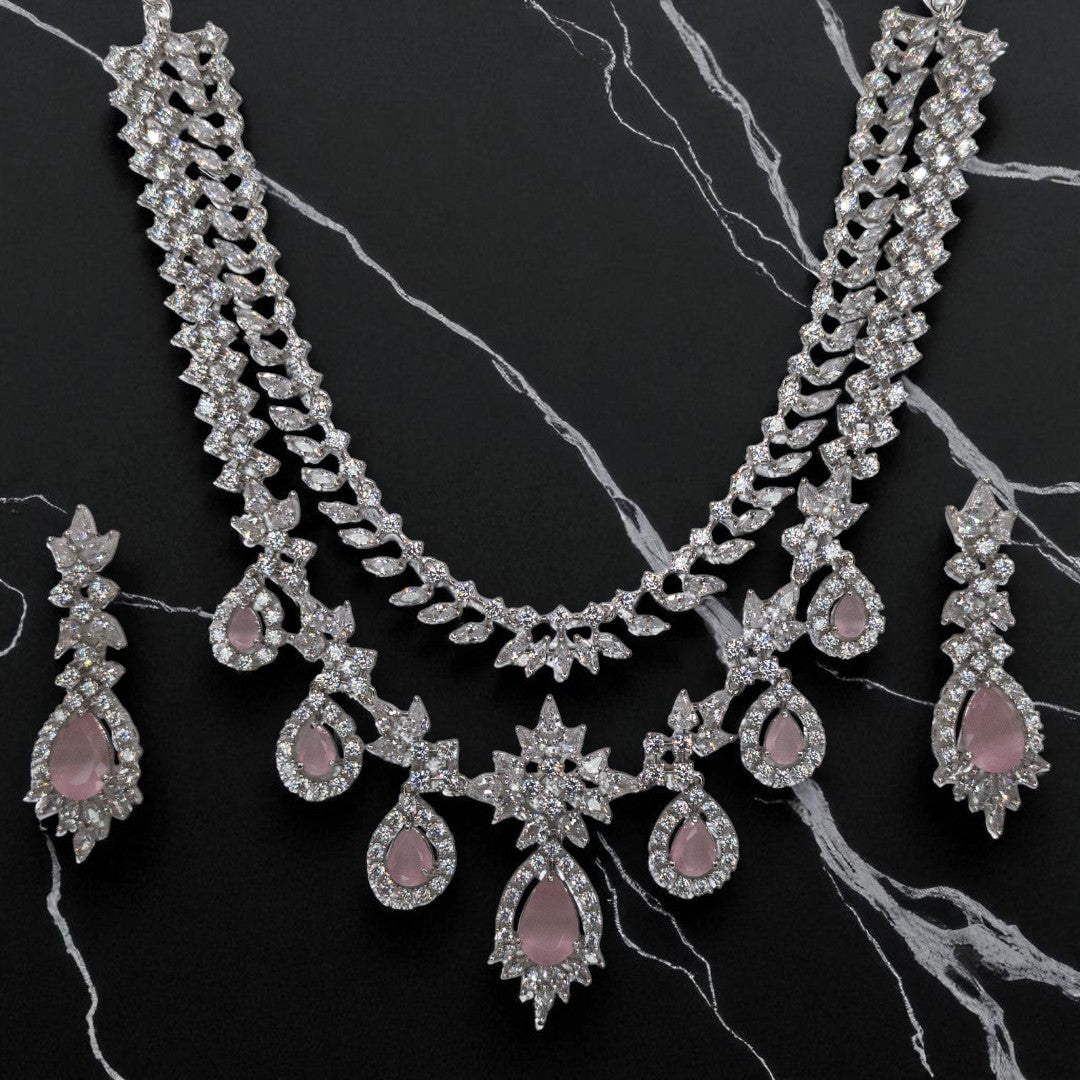 Victorian Layered Halskette mit passenden Ohrringen - silber | Rosa