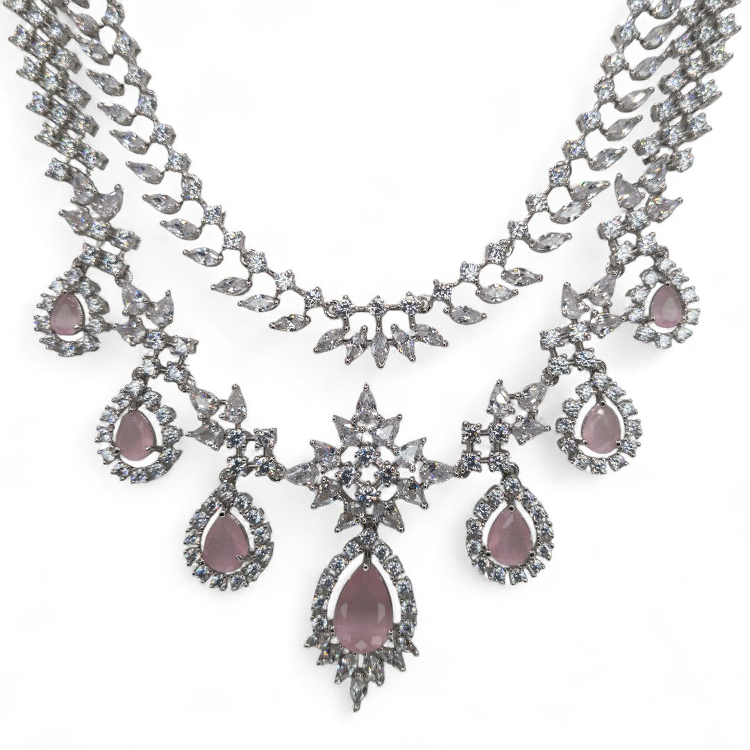Victorian Layered Halskette mit passenden Ohrringen - silber | Rosa