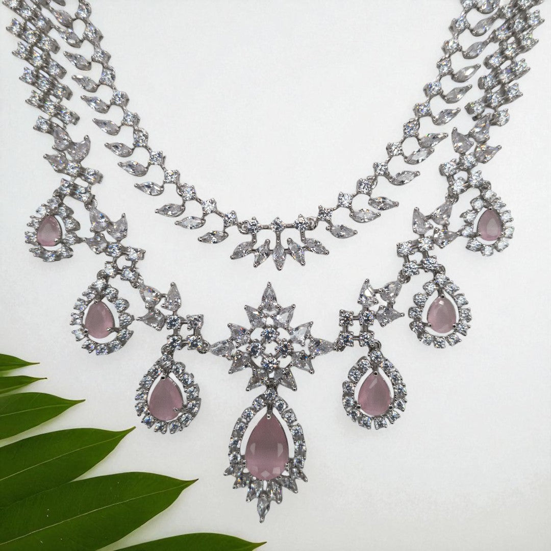 Victorian Layered Halskette mit passenden Ohrringen - silber | Rosa