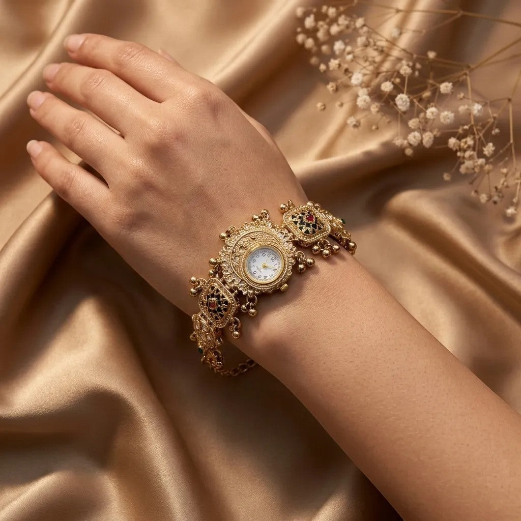 Kundan-Armbanduhr für Damen – Elegante indische Schmuckuhr im Ethno-Design